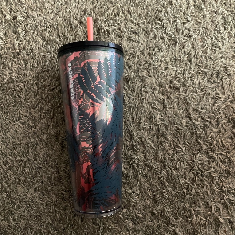 Starbucks Blue and Pink Leaf Tumbler with Straw
